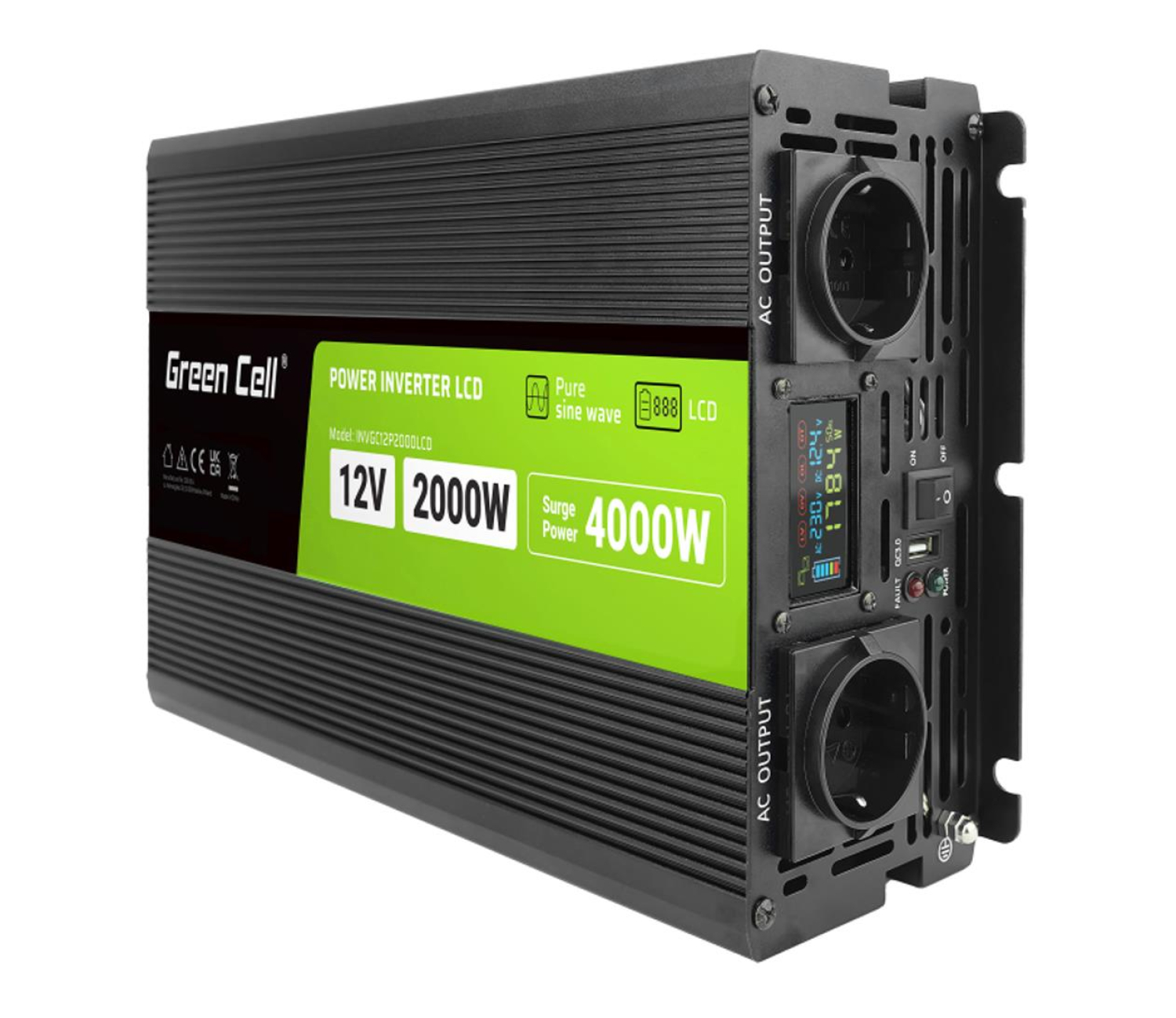 Green Cell PowerInverter LCD 12V 2000W/4000W (czysty sinus)