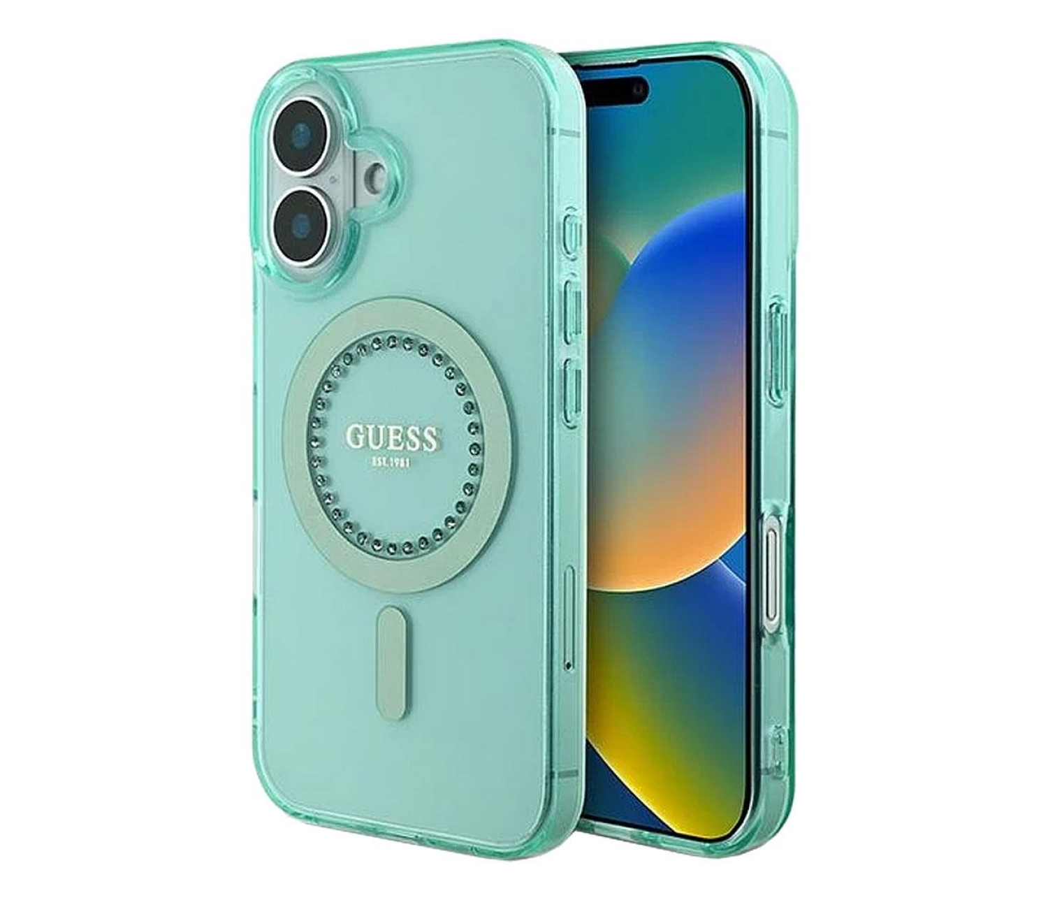 Guess IML Rhinestones do iPhone 16 zielony