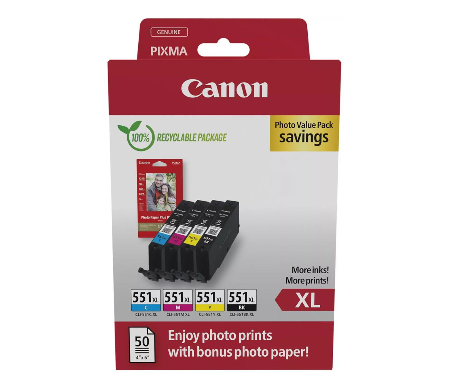 Canon Zestaw 4 tuszów CLI-551XL CMYK + papier foto 50 szt