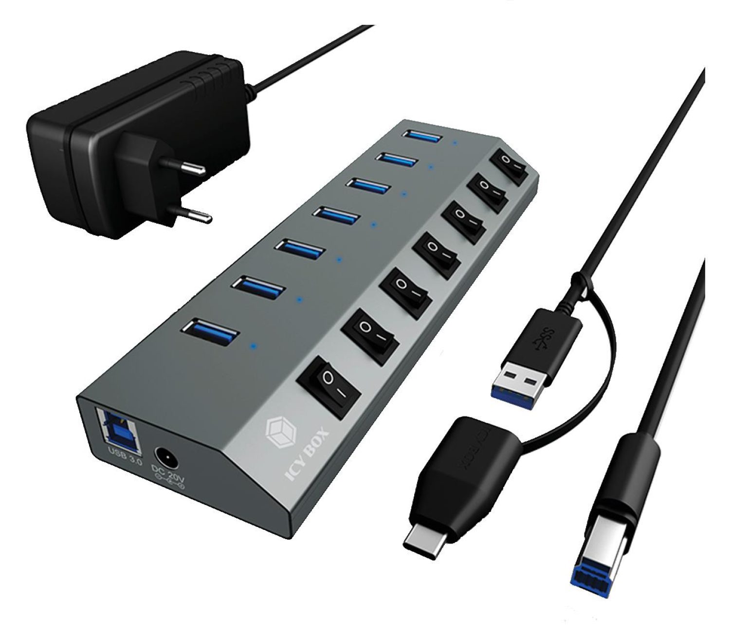 ICY BOX HUB USB-C/USB-A - 7x USB-A (z wyłącznikami)