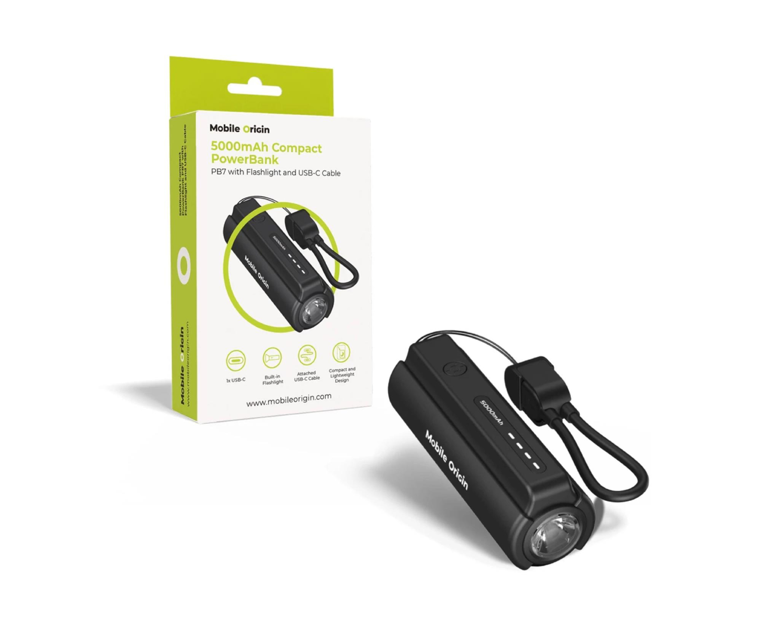 Mobile Origin Compact PowerBank PB7 with Flashlight and USB-C Cable 5000mA