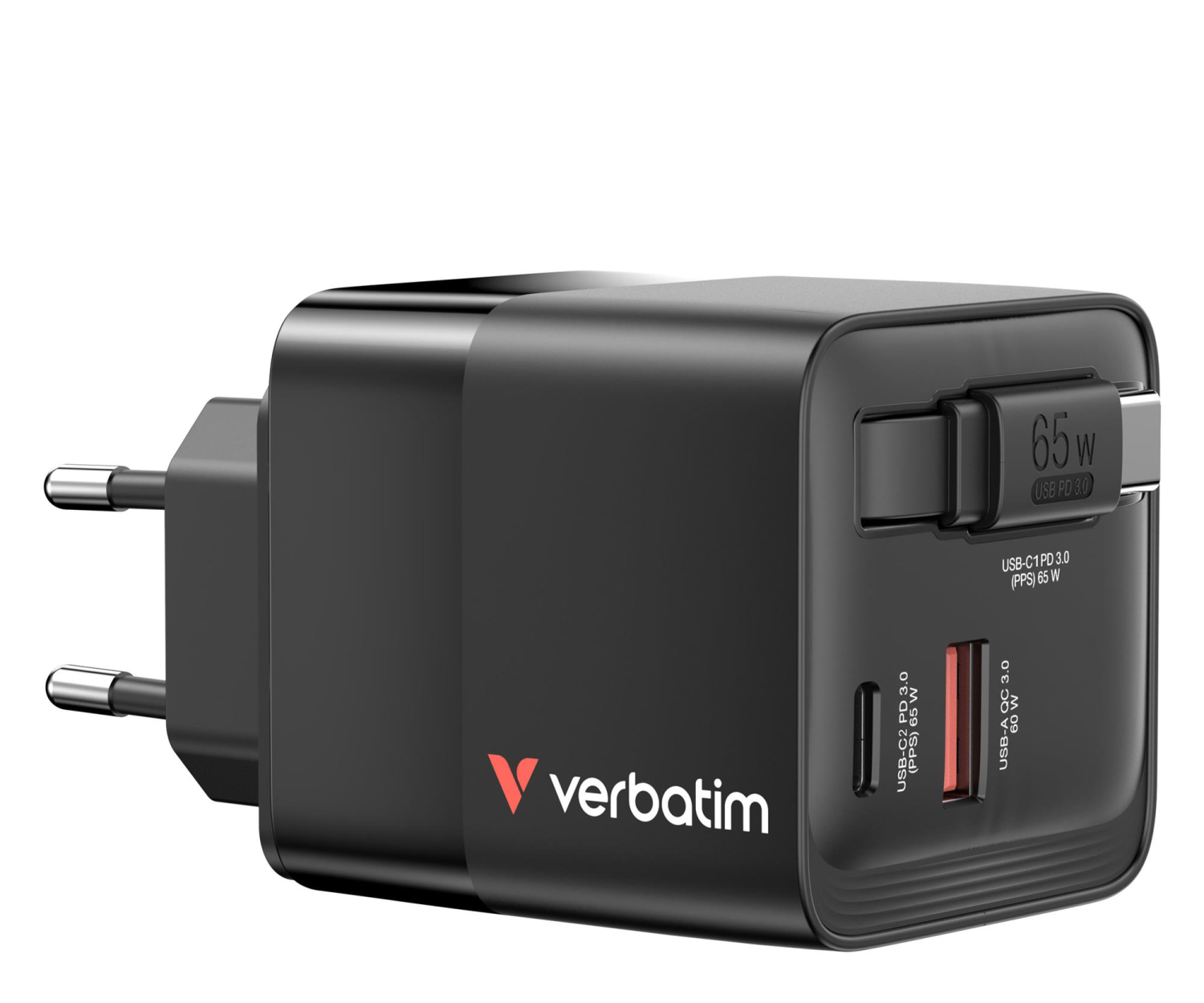 Verbatim GaN Charger 65W 2 Port retr cable US/EU/UK