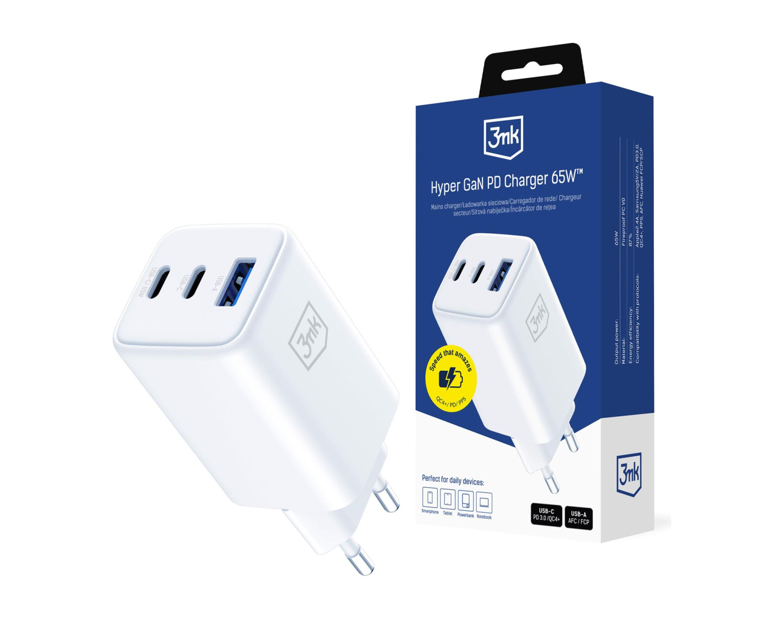 3mk Hyper GaN Charger 65W QC4+ PD PPS USB 1A2C White EU