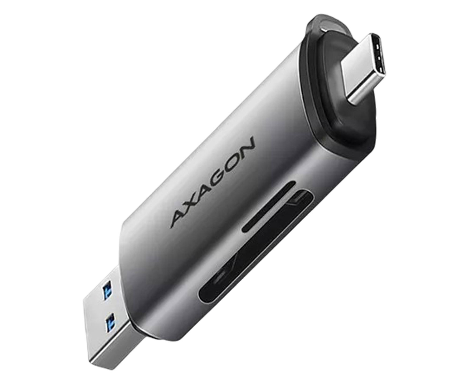 AXAGON CRE-SAC Czytnik kart zewnętrzny SD/microSD, USB-C + USB-A 5Gbps, UHS-I, jednoczesny odczyt 2 kart, metalowy, szary