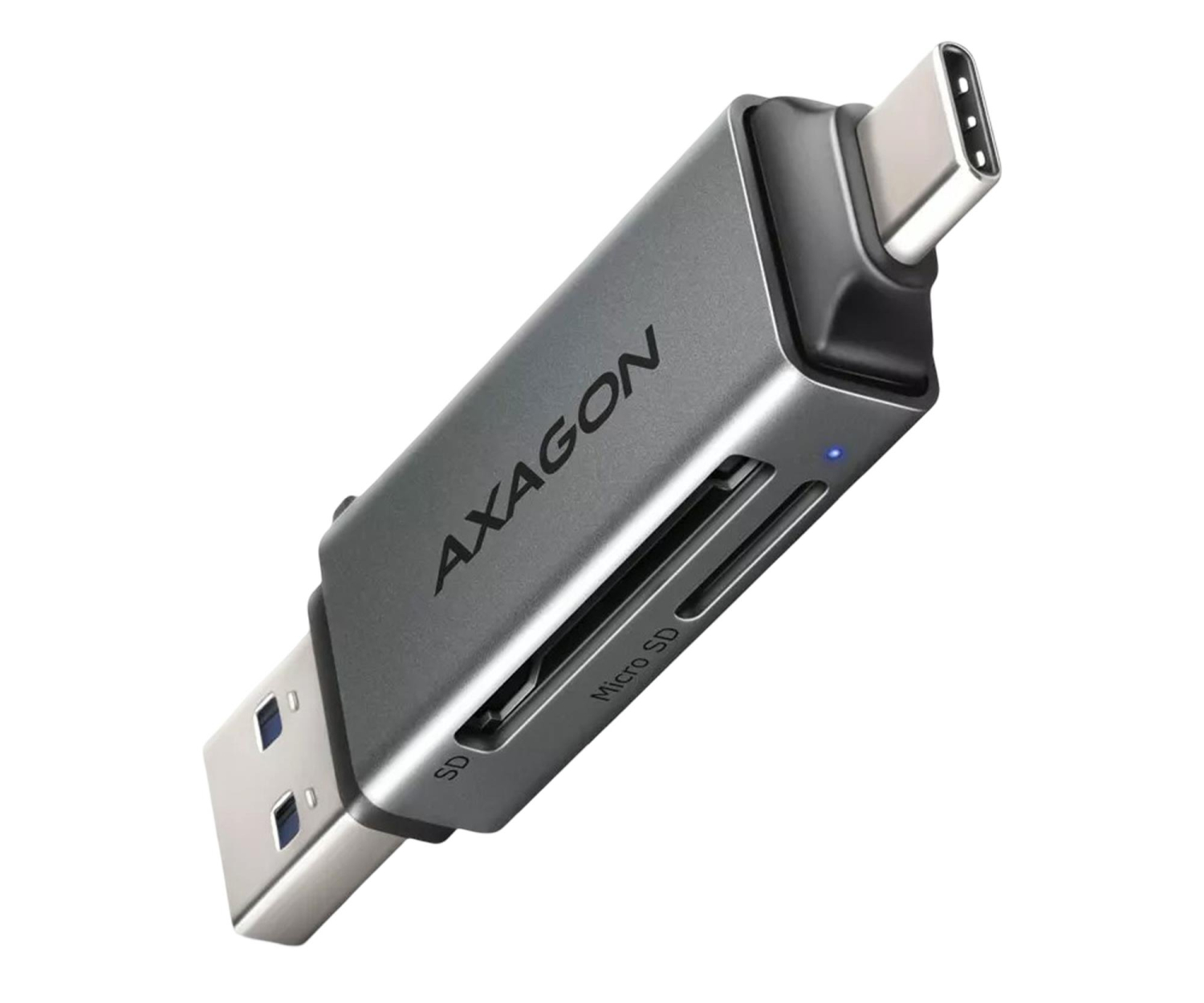AXAGON CRE-DAC Czytnik kart zewnętrzny SD/microSD, USB-C + USB-A 5Gbps, UHS-I, jednoczesny odczyt 2 kart, metalowy, szary