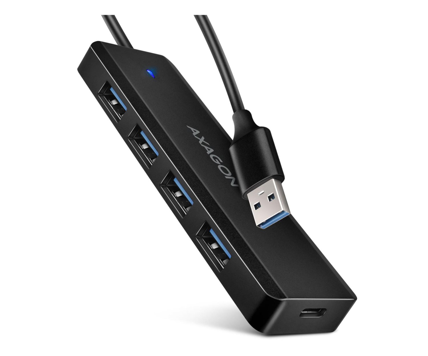 AXAGON HUB 4-portowy HUE-C1A USB 5Gbps Travel, USB-C power IN, kabel Type-A 19cm, USB-C dodatkowe zasilanie