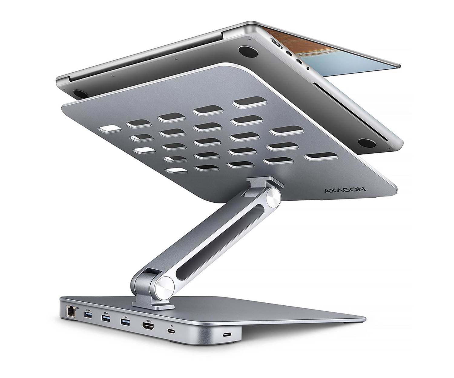 AXAGON HMC-STND Stojak z wieloportowy hub Aluminiowy 7in1, 5Gbps, do 10"-16" cali laptopów, nastawny, 3x USB-A, HDMI 4K/60Hz, GLAN, PD 100W, 60cm USB-