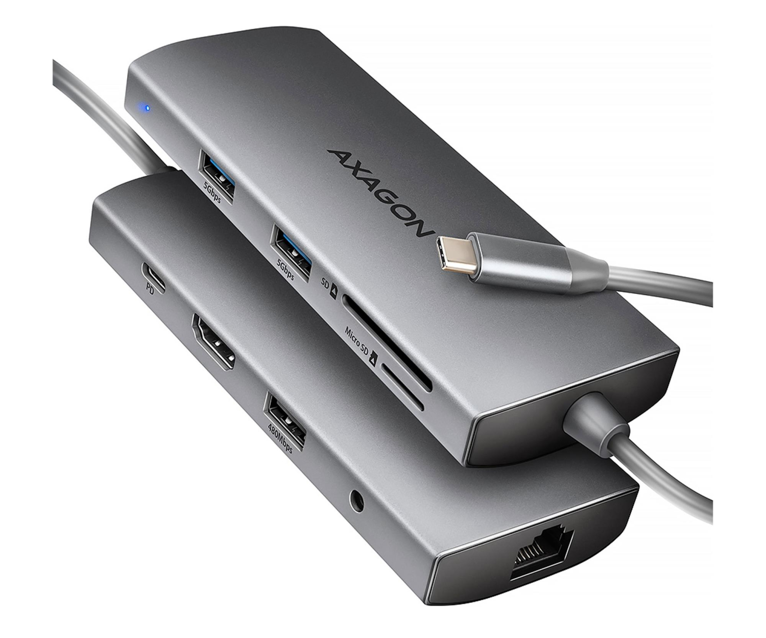 Axagon HMC-8HLSA, USB 5Gbps, 3x USB-A, HDMI 4k/60Hz, RJ-45, SD/mSD