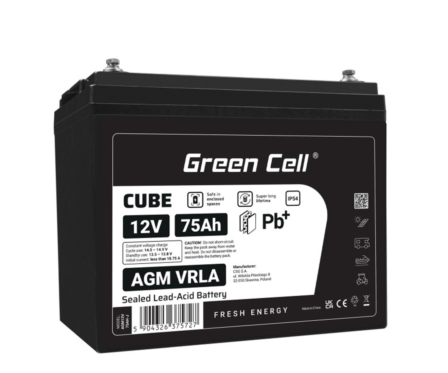 Green Cell Cube AGM VRLA IP54 12V 75Ah