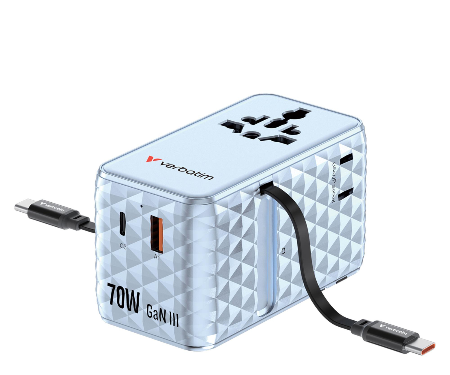 Verbatim Charge ’n’ Travel 70W 2C retractable Universal Adapter blue