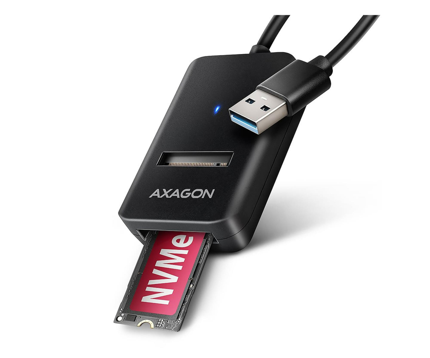 AXAGON ADM2-AM Adapter USB-A 10Gbps na dysk M.2 NVMe/SATA, dowolna długość, bez obudowy, do 1000 MB/s, UASP/TRIM, LED, kabel 10 cm, czarny