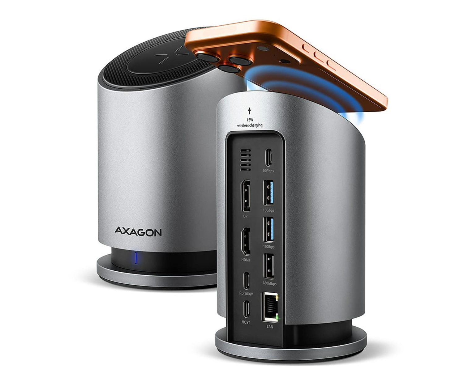 Axagon HMC-WL9 USB-C 10Gbps Wireless Charging 9in1 hub