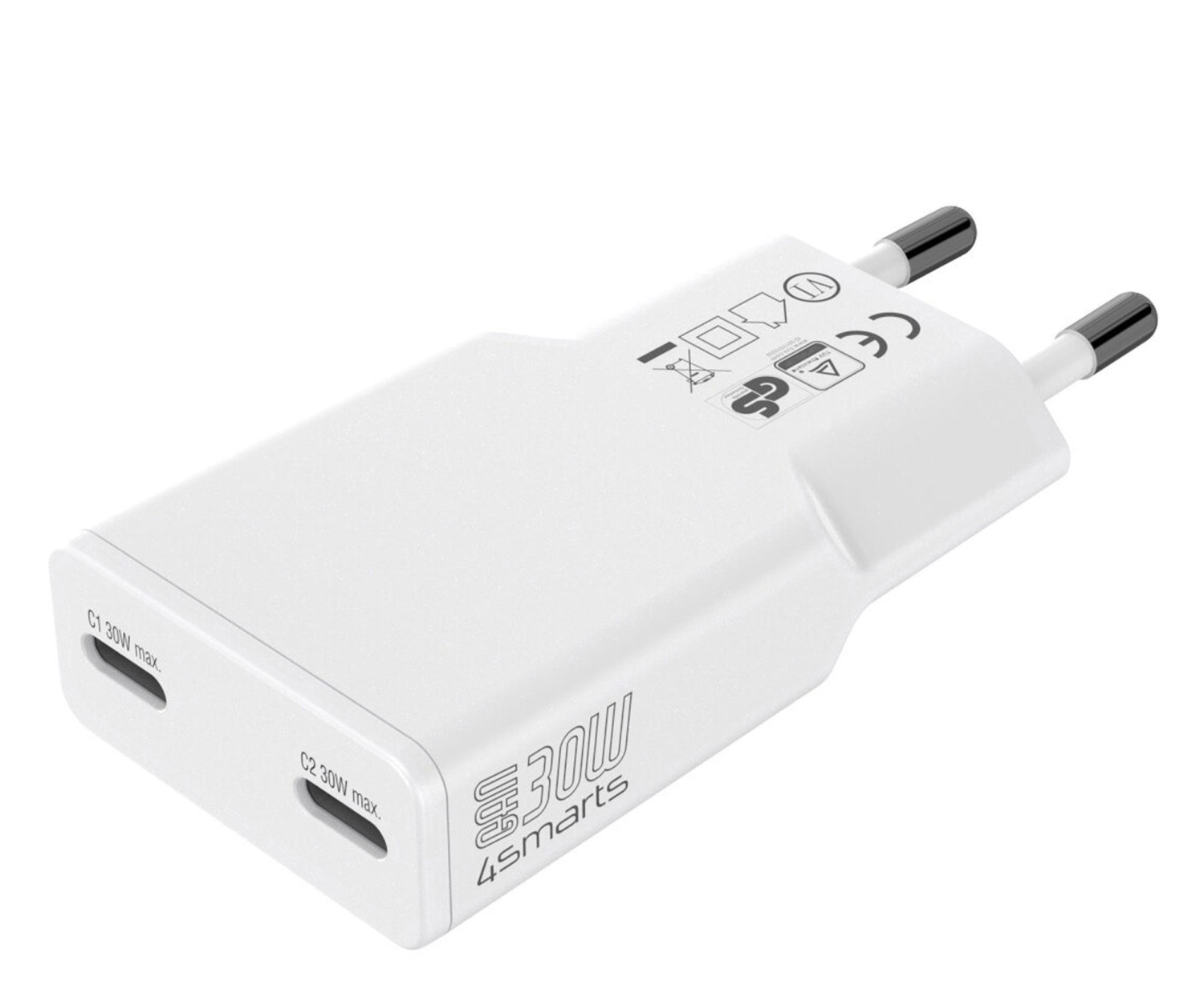 4smarts Ładowarka sieciowa FlatPlug Slim Dual 30W GaN 2xUSB-C biały
