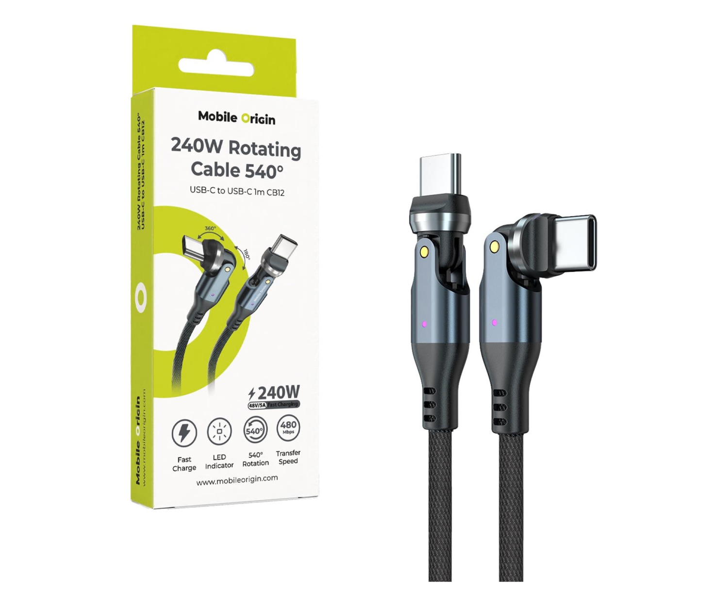 Mobile Origin 240W Rotating Cable 540° USB-C to USB-C 1m CB12