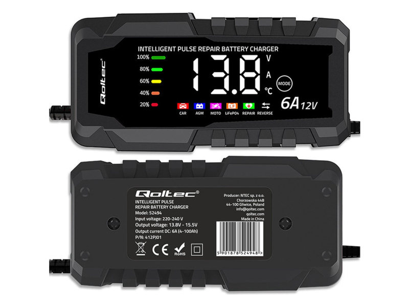 Qoltec Inteligentna ładowarka AGM GEL LiFePO4 12V 6A