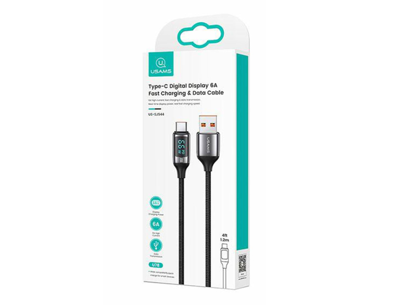 USAMS Kabel pleciony U78 USB-C 1,2m LED 6A Fast Charging biały