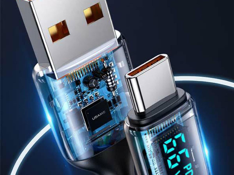 USAMS Kabel pleciony U78 USB-C 1,2m LED 6A Fast Charging biały