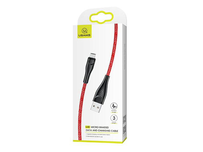 USAMS Kabel pleciony U41 microUSB 3m 2A czerwony