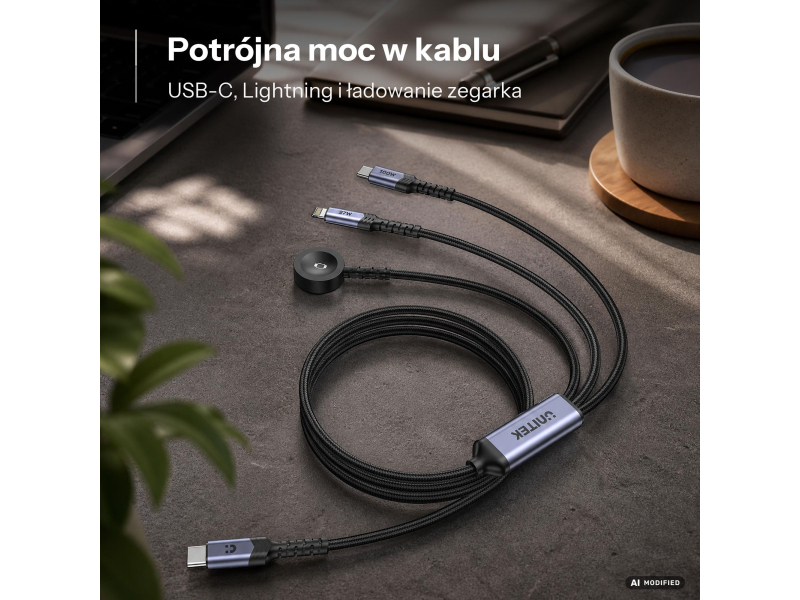 Unitek Kabel 3w1 USB-C Lightning Apple Watch PD 100W 480Mbps 1,2m