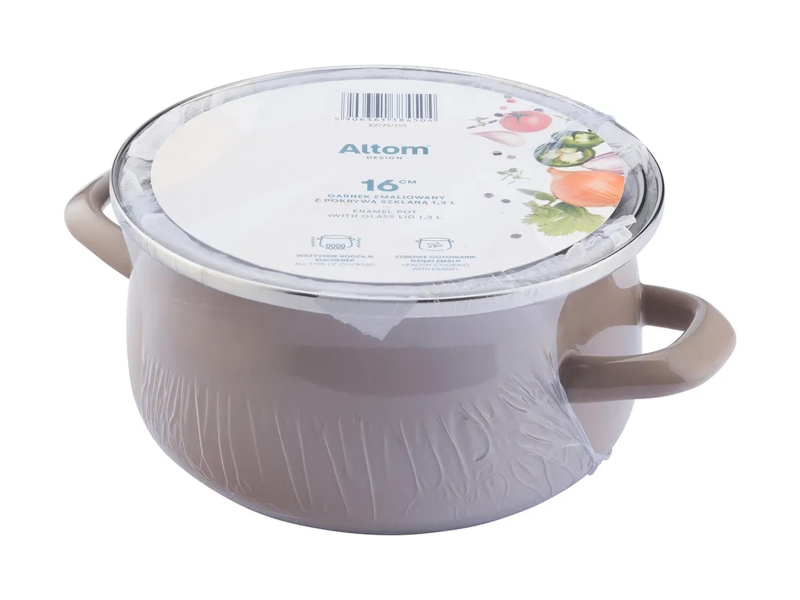 Altom Garnek emaliowany 16 cm z pokrywą szklaną 1,3l taupe