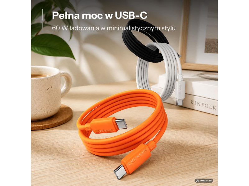 USAMS Kabel 60W 3A Silicone Fast Charging USB-C do USB-C czarny