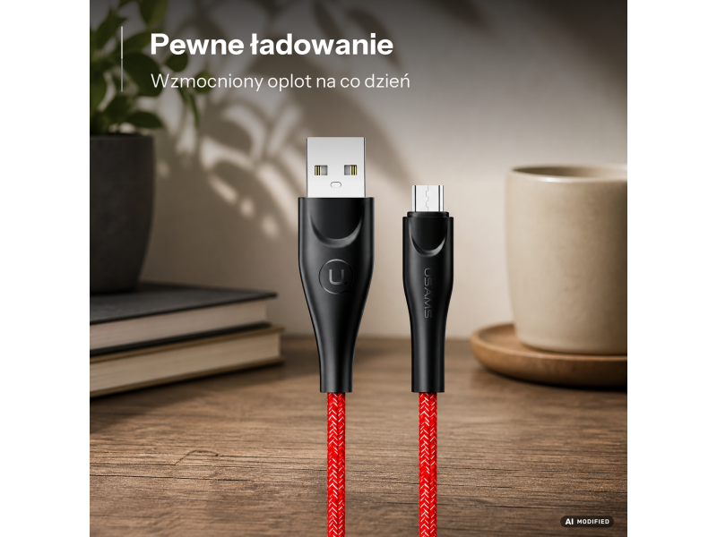 USAMS Kabel pleciony U41 microUSB 1m 2A czerwony