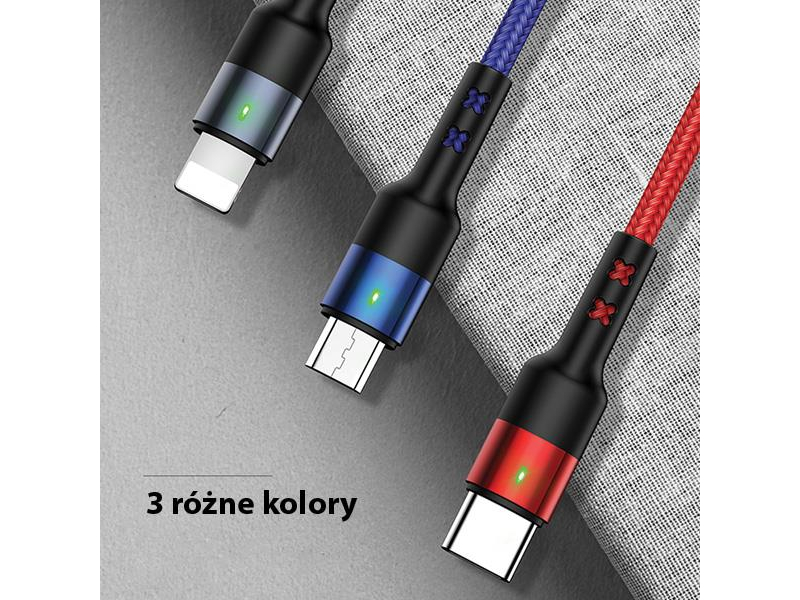 USAMS Kabel pleciony 3w1 0,35m 2A (lightning/microUSB/USB-C)