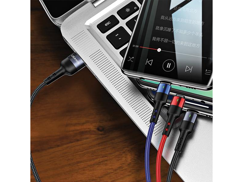 USAMS Kabel pleciony 3w1 0,35m 2A (lightning/microUSB/USB-C)