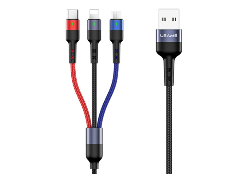 USAMS Kabel pleciony 3w1 0,35m 2A (lightning/microUSB/USB-C)