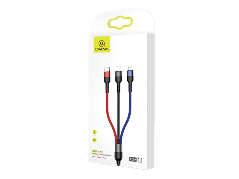 USAMS Kabel pleciony 3w1 0,35m 2A (lightning/microUSB/USB-C)