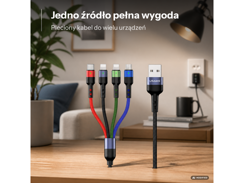 USAMS Kabel pleciony U26 4w1 0,35m 2A (2xlight/microUSB/C)