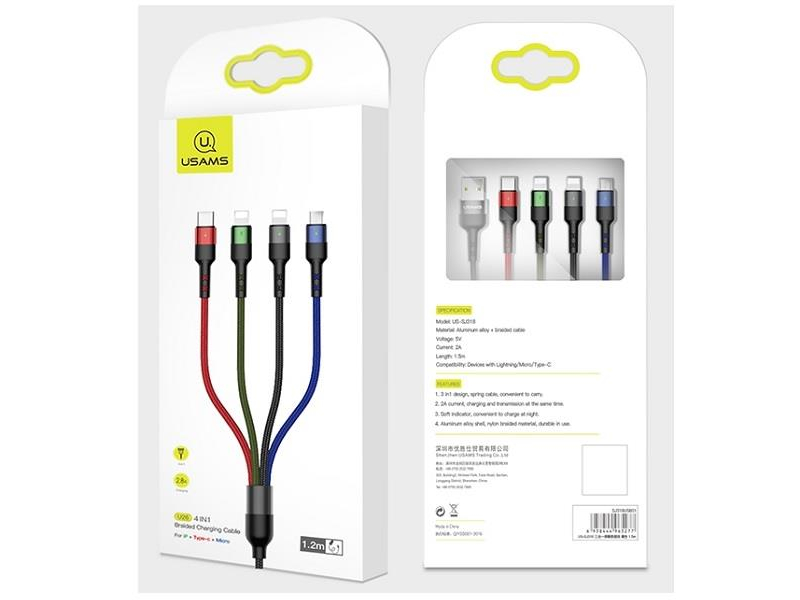 USAMS Kabel pleciony U26 4w1 0,35m 2A (2xlight/microUSB/C)