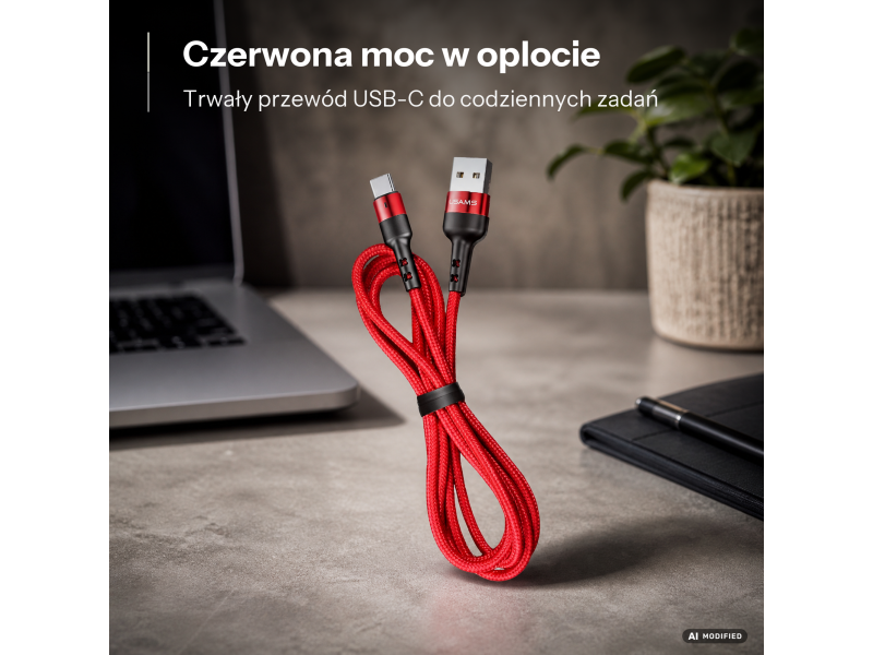 USAMS Kabel pleciony lightning 1m 2A Fast Charging czerwony