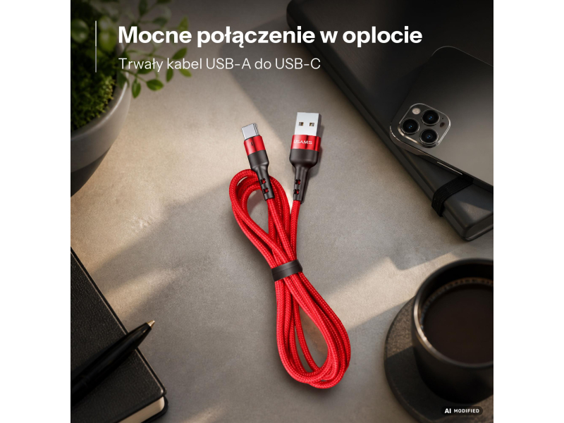 USAMS Kabel pleciony U26 USB-C 1m 3A Fast Charging czerwony
