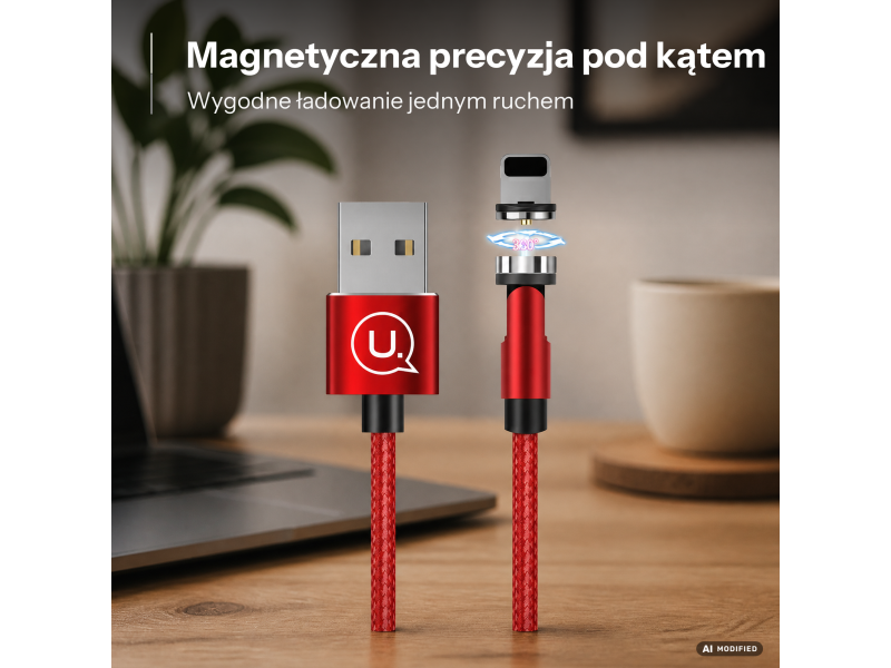 USAMS Kabel kątowy magnetyczny lightning 2,1A 1m pleciony czerwony