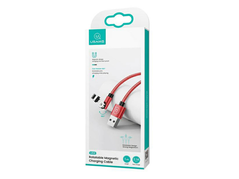 USAMS Kabel kątowy magnetyczny lightning 2,1A 1m pleciony czerwony