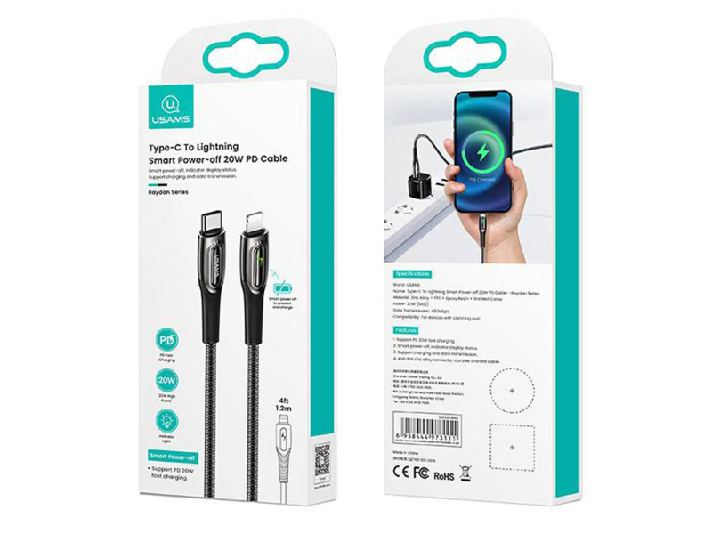 USAMS Kabel pleciony C/Lightning Smart Power-off 20W 1,2m zielony