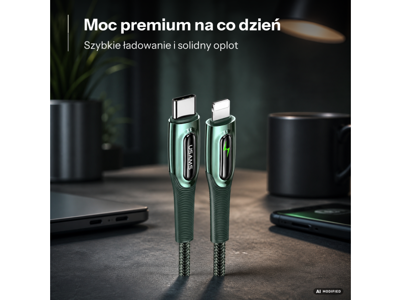 USAMS Kabel pleciony C/Lightning Smart Power-off 20W 1,2m zielony