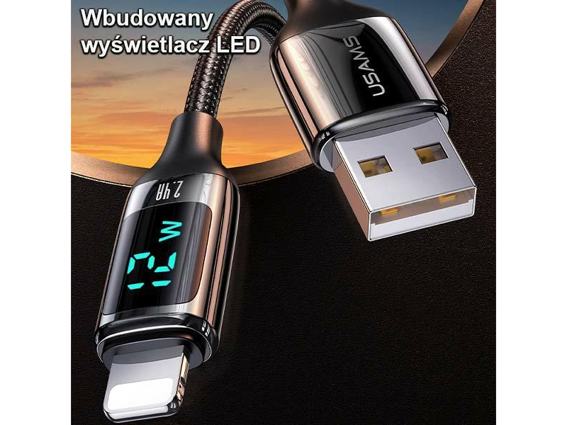 USAMS Kabel pleciony lightning 1,2m LED 2,4A srebrno-czarny