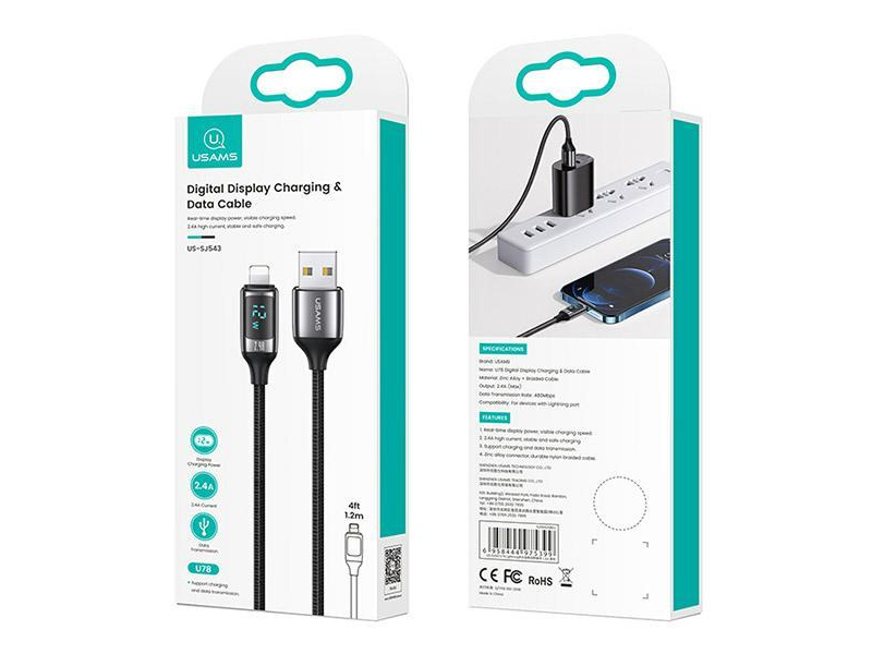 USAMS Kabel pleciony lightning 1,2m LED 2,4A srebrno-czarny