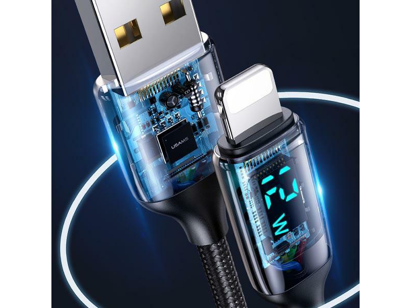USAMS Kabel pleciony lightning 1,2m LED 2,4A srebrno-czarny