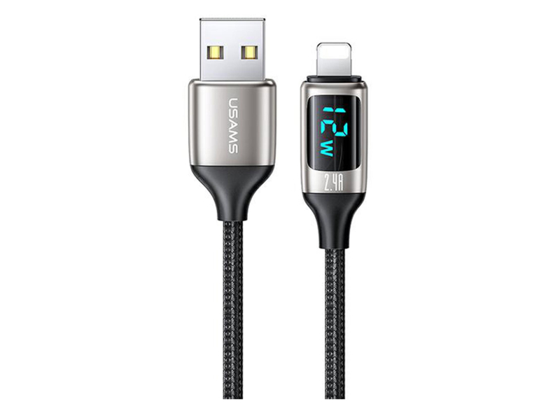 USAMS Kabel pleciony lightning 1,2m LED 2,4A srebrno-czarny