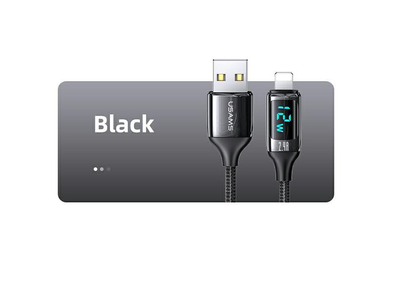 USAMS Kabel pleciony lightning 1,2m LED 2,4A Fast Charging czarny