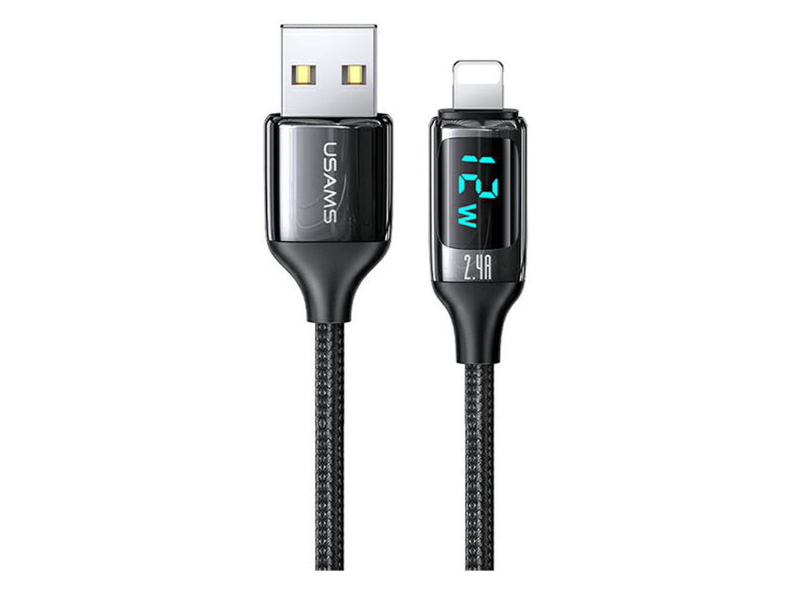 USAMS Kabel pleciony lightning 1,2m LED 2,4A Fast Charging czarny