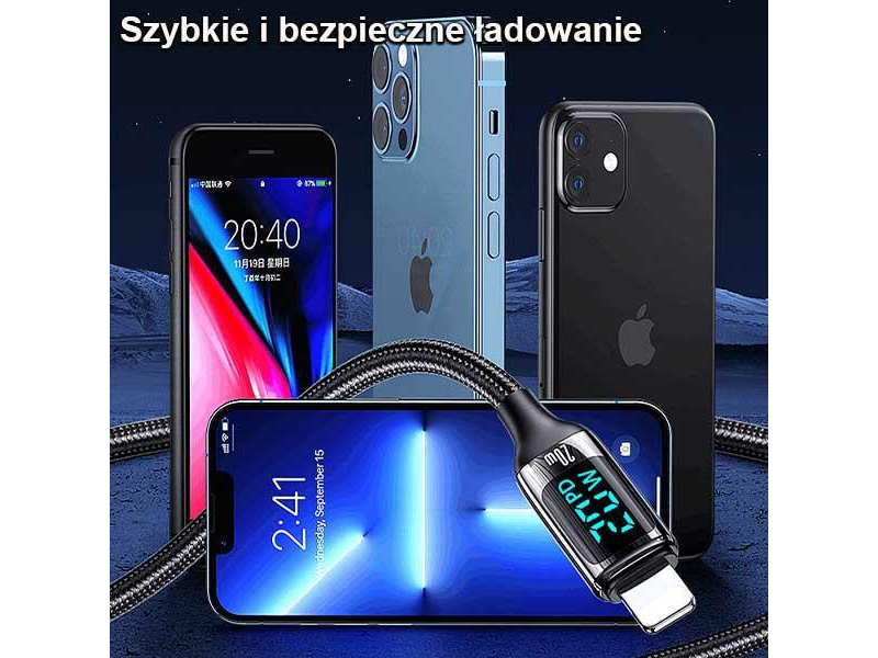 USAMS Kabel pleciony USB-C/Lightning LED 1,2m 20W PD Fast Charge