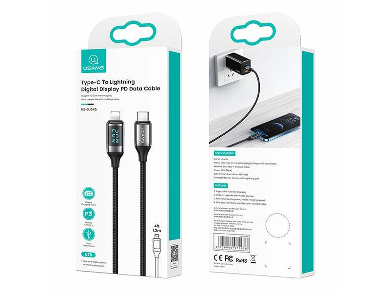 USAMS Kabel pleciony USB-C/Lightning LED 1,2m 20W PD Fast Charge