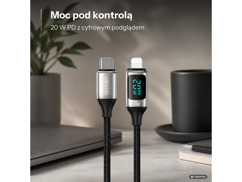USAMS Kabel pleciony USB-C/Lightning LED 1,2m 20W PD Fast Charge