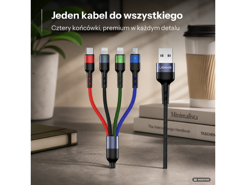 USAMS Kabel pleciony U26 4w1 3m 2A (2xlightning/microUSB/USB-C)