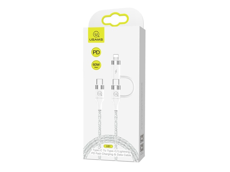 USAMS Kabel pleciony U31 USB-C na USB-C/lightning 60W PD biały