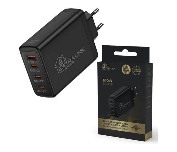 ExtraLink SMART LIFE GAN CHARGER 100W, 3xUSB-C+USB-A, BLACK, CHARESL01 - 1570043 - zdjęcie
